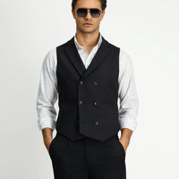 Black Slim Fit Narrow Cut Patterned Classic Double-Breasted Vest