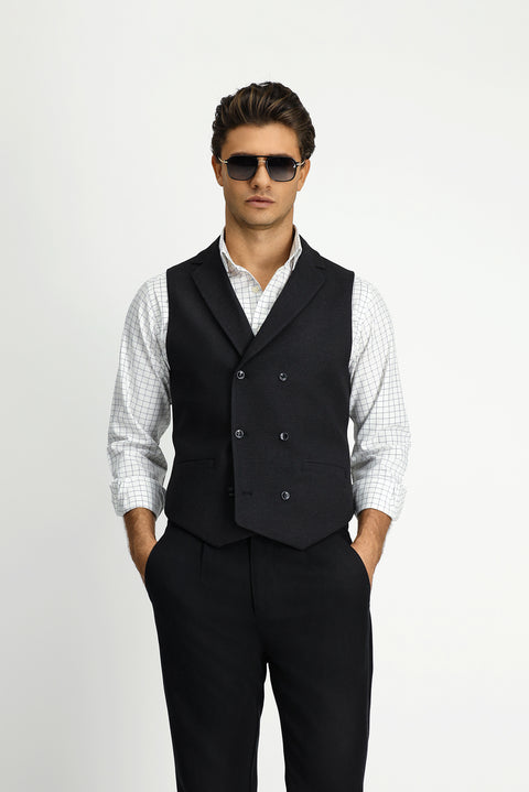 Black Slim Fit Narrow Cut Patterned Classic Double-Breasted Vest