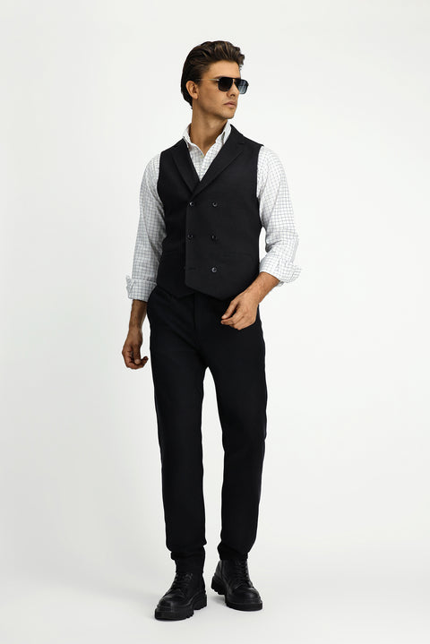 Black Slim Fit Narrow Cut Patterned Classic Double-Breasted Vest