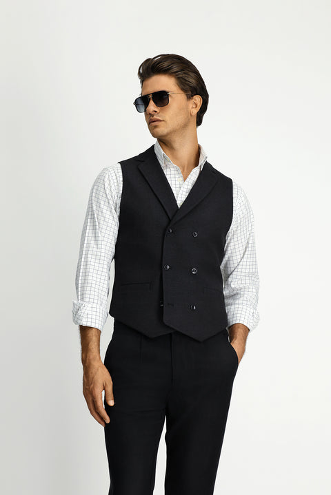 Black Slim Fit Narrow Cut Patterned Classic Double-Breasted Vest