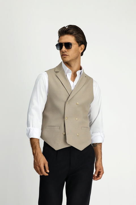 Medium Mink Slim Fit Narrow Cut Patterned Classic Double-Breasted Vest