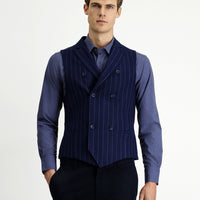 Dark Navy Slim Fit Striped Classic Double-Breasted Vest
