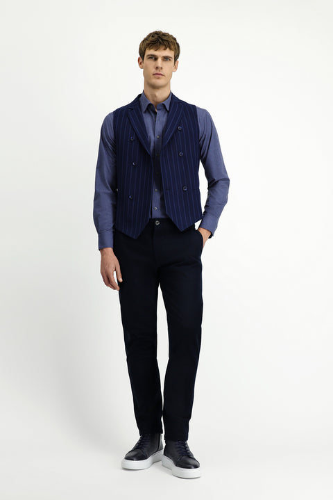 Dark Navy Slim Fit Striped Classic Double-Breasted Vest