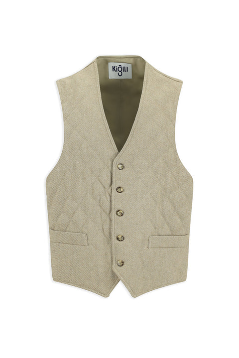Light Beige Slim Fit Patterned Quilted Wool Vest