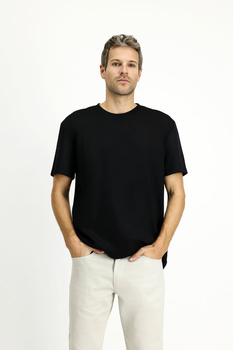 Black Crew Neck Oversize Lycra Printed T-Shirt
