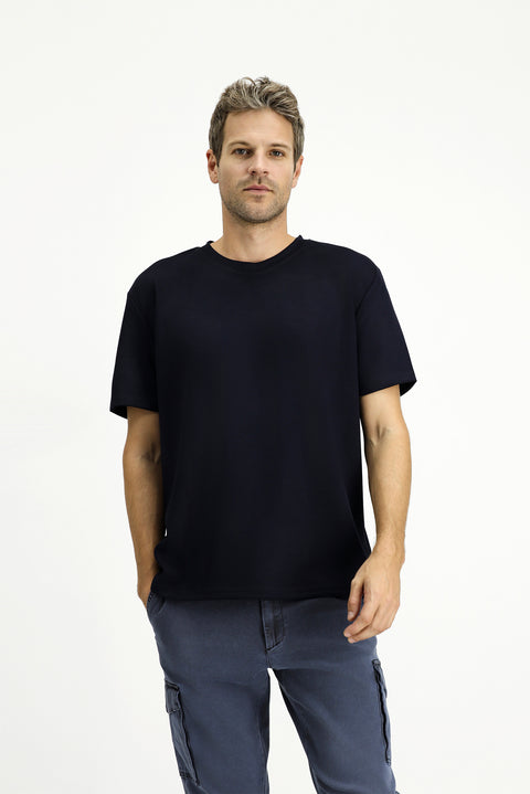 Dark Navy Crew Neck Oversize Lycra Printed T-Shirt