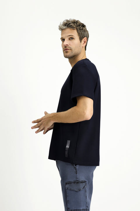 Dark Navy Crew Neck Oversize Lycra Printed T-Shirt
