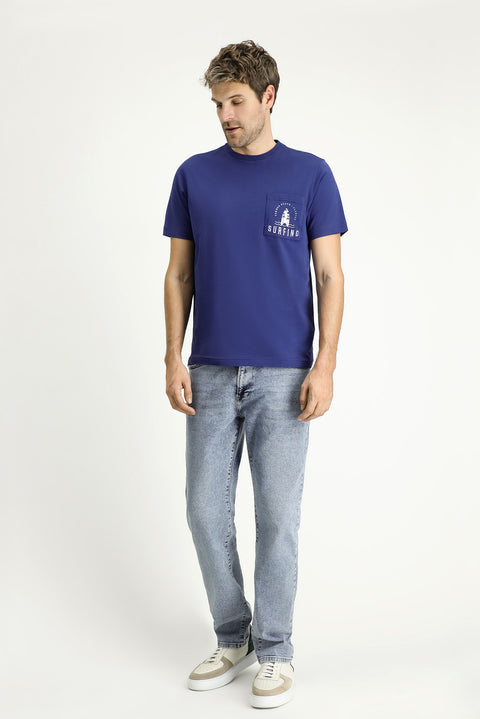 Indigo Crew Neck Regular Fit Printed Supreme Cotton T-shirt