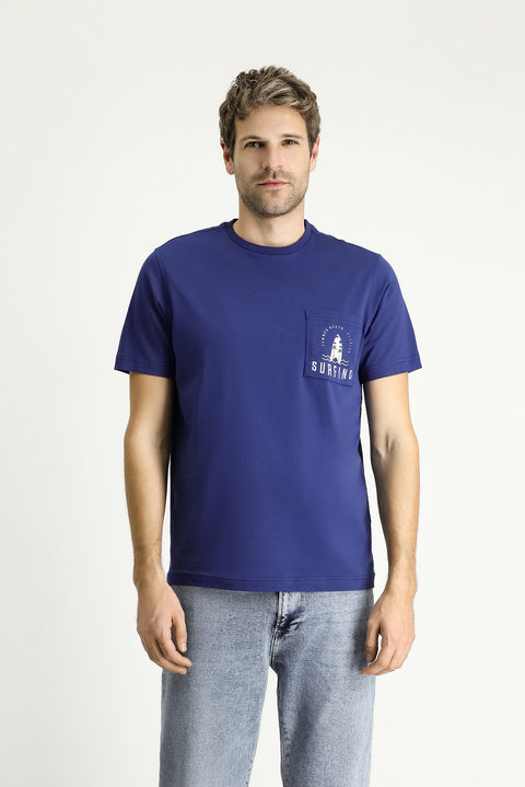 Indigo Crew Neck Regular Fit Printed Supreme Cotton T-shirt