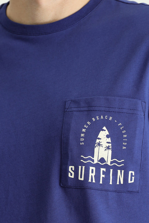 Indigo Crew Neck Regular Fit Printed Supreme Cotton T-shirt