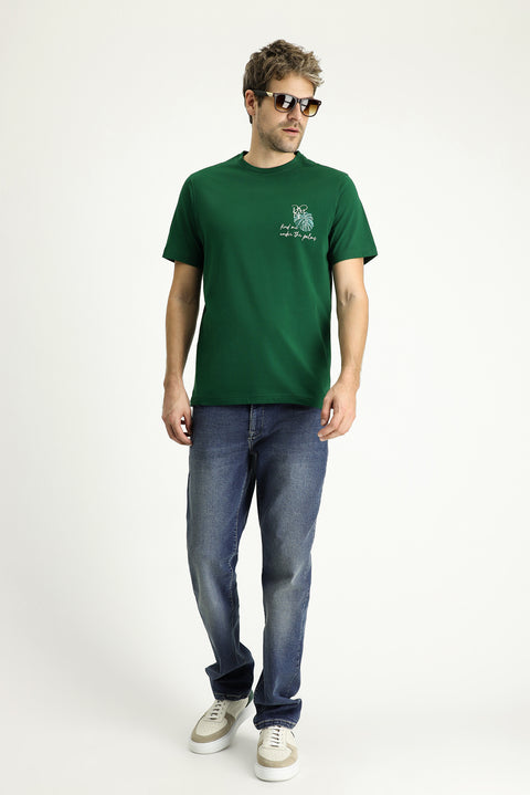Dark Green Crew Neck Regular Fit Printed Supreme Cotton T-Shirt