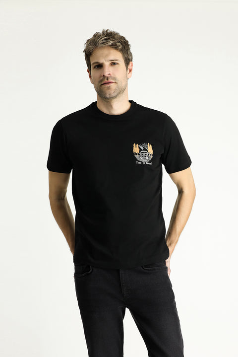 Black Crew Neck Regular Fit Printed Supreme Cotton T-shirt