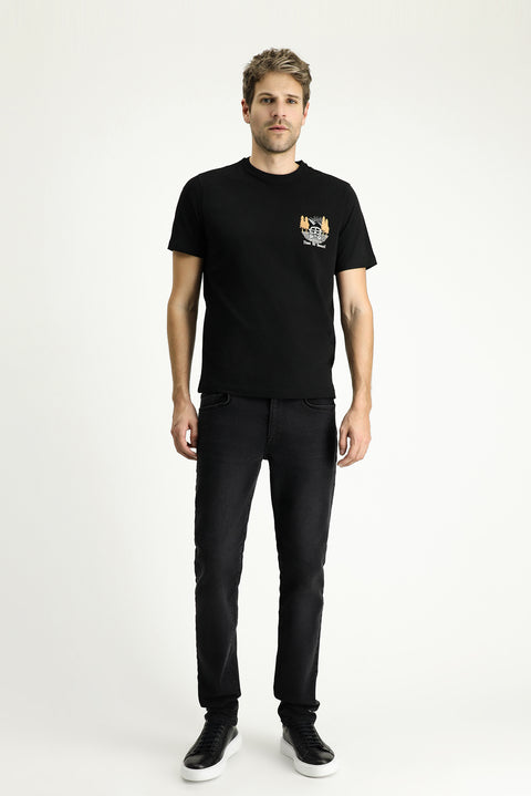 Black Crew Neck Regular Fit Printed Supreme Cotton T-shirt