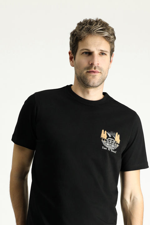 Black Crew Neck Regular Fit Printed Supreme Cotton T-shirt