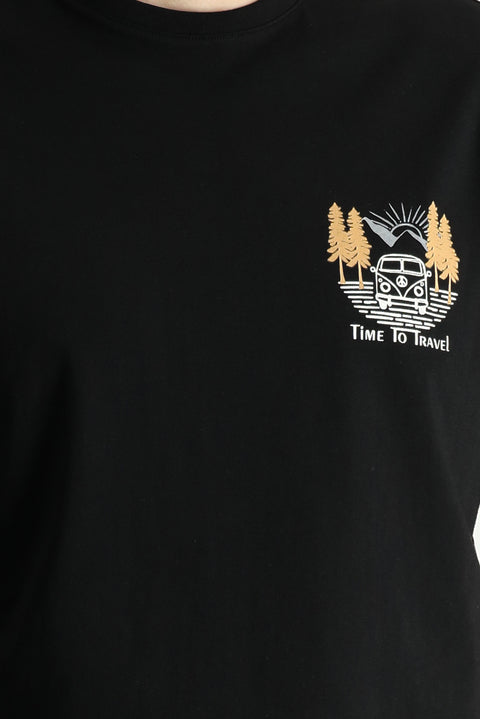 Black Crew Neck Regular Fit Printed Supreme Cotton T-shirt