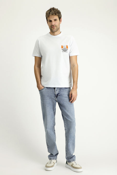 White Crew Neck Regular Fit Printed Supreme Cotton T-shirt