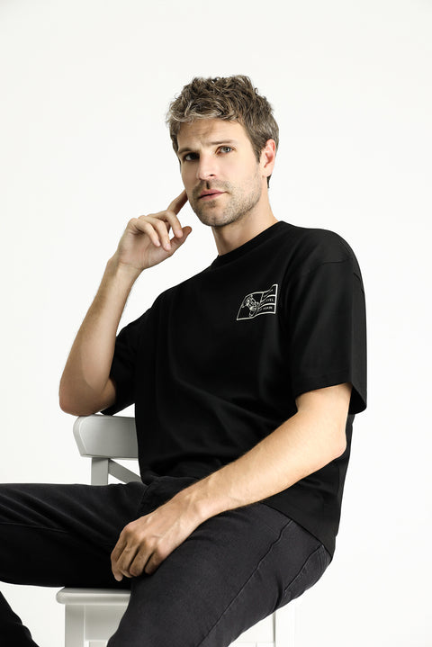 Black Crew Neck Oversize Printed Supreme Cotton T-Shirt