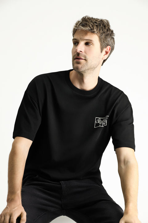 Black Crew Neck Oversize Printed Supreme Cotton T-Shirt