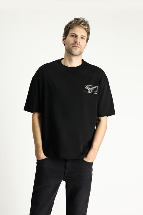 Black Crew Neck Oversize Printed Supreme Cotton T-Shirt