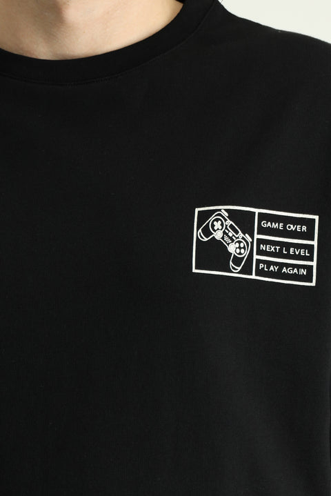 Black Crew Neck Oversize Printed Supreme Cotton T-Shirt