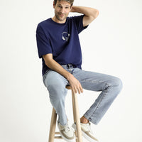 Medium Navy Crew Neck Oversize Printed Supreme Cotton T-Shirt