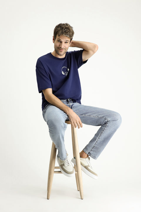 Medium Navy Crew Neck Oversize Printed Supreme Cotton T-Shirt