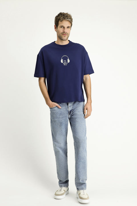 Medium Navy Crew Neck Oversize Printed Supreme Cotton T-Shirt