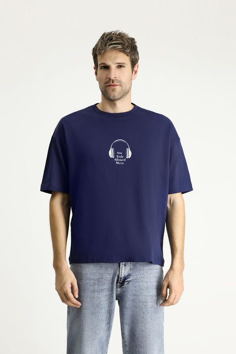 Medium Navy Crew Neck Oversize Printed Supreme Cotton T-Shirt