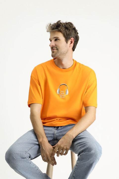 Medium Orange Crew Neck Oversize Printed Supreme Cotton T-Shirt