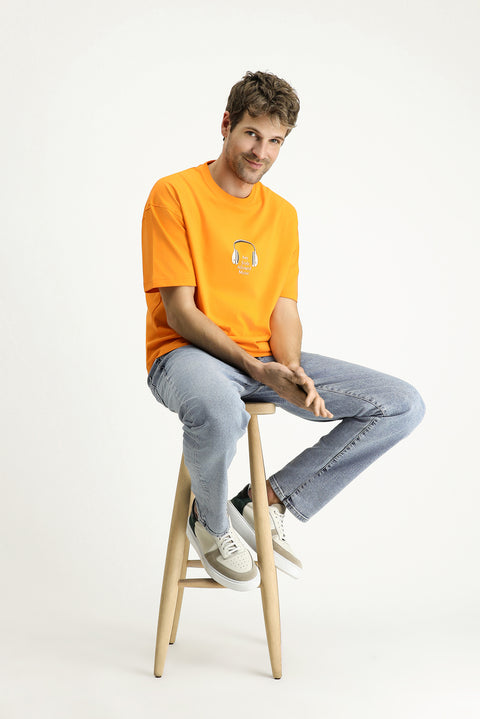 Medium Orange Crew Neck Oversize Printed Supreme Cotton T-Shirt