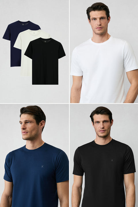 Beyaz-Siyah-Lacivert Bisiklet Yaka Regular Fit %100 Pamuk 3'lü Paket Tişört Seti