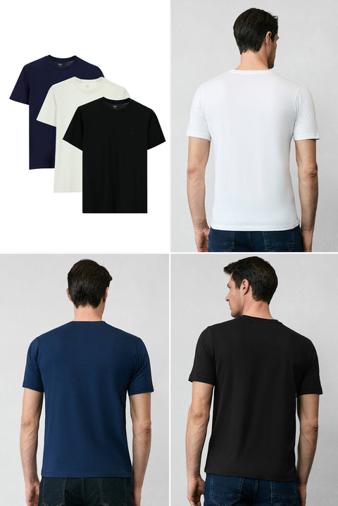 Beyaz-Siyah-Lacivert Bisiklet Yaka Regular Fit %100 Pamuk 3'lü Paket Tişört Seti