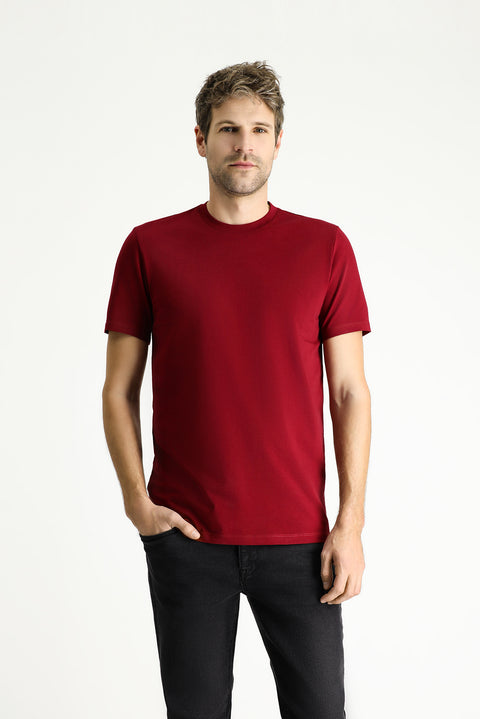 Açık Bordo Bisiklet Yaka Slim Fit %100 Pamuk Tişört