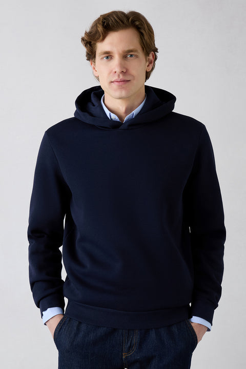 Medium Navy Blue Hooded Regular Fit Cotton Sweatshirt