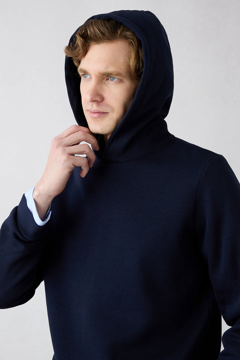 Medium Navy Blue Hooded Regular Fit Cotton Sweatshirt