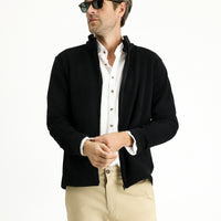 Black Stand-Up Collar Full-Zip Cold-Resistant, Non-Pilling Fleece Sweatshirt with Pockets