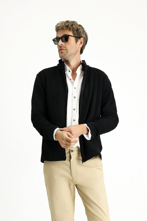 Black Stand-Up Collar Full-Zip Cold-Resistant, Non-Pilling Fleece Sweatshirt with Pockets