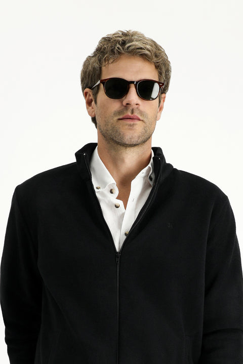 Black Stand-Up Collar Full-Zip Cold-Resistant, Non-Pilling Fleece Sweatshirt with Pockets