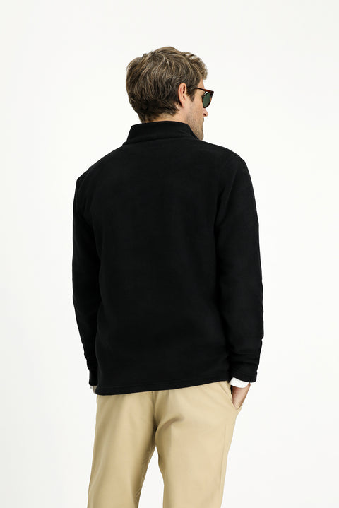 Black Stand-Up Collar Full-Zip Cold-Resistant, Non-Pilling Fleece Sweatshirt with Pockets