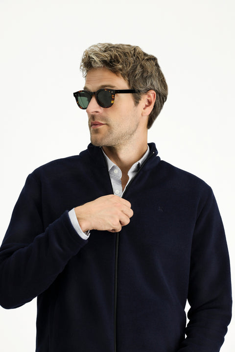 Dark Navy Stand-Up Collar Full-Zip Cold-Resistant, Non-Pilling Fleece Sweatshirt with Pockets