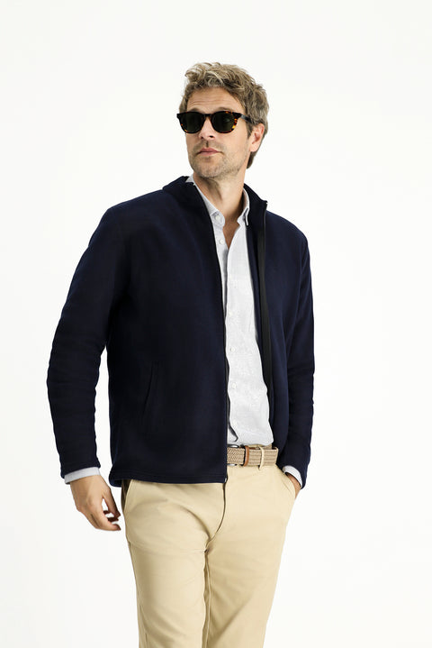 Dark Navy Stand-Up Collar Full-Zip Cold-Resistant, Non-Pilling Fleece Sweatshirt with Pockets