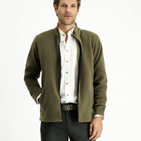 Medium Khaki Stand-Up Collar Full-Zip Cold-Resistant, Non-Pilling Fleece Sweatshirt with Pockets