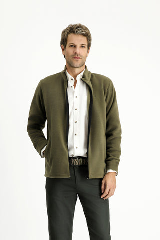  Orta Haki Dik Yaka Tam Fermuarlı Soğuk Geçirmez Tüylenme Yapmayan Cepli Polar Sweatshirt