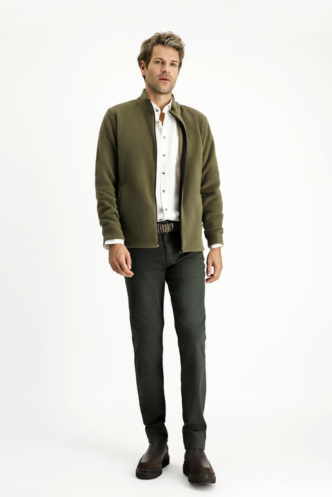 Medium Khaki Stand-Up Collar Full-Zip Cold-Resistant, Non-Pilling Fleece Sweatshirt with Pockets