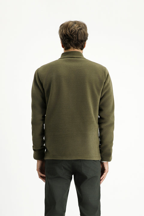 Medium Khaki Stand-Up Collar Full-Zip Cold-Resistant, Non-Pilling Fleece Sweatshirt with Pockets