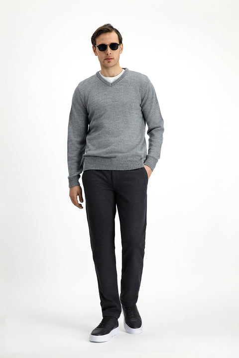 Orta Gri Melanj V Yaka Regular Fit Triko Kazak