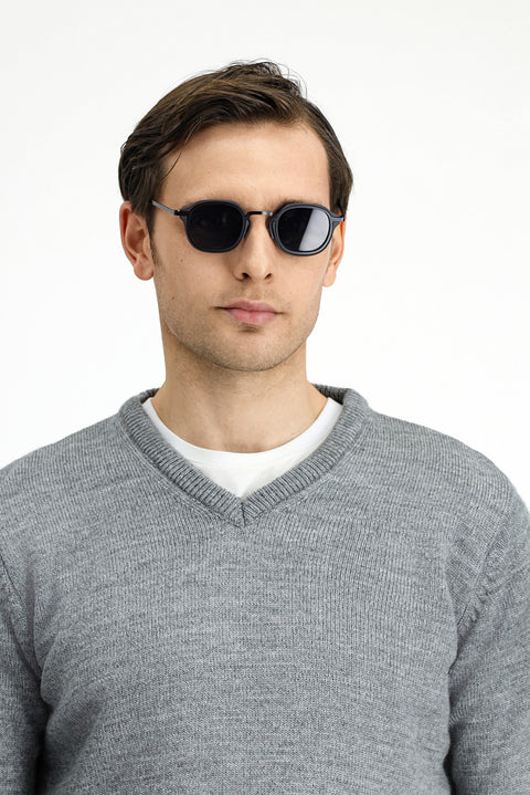 Orta Gri Melanj V Yaka Regular Fit Triko Kazak