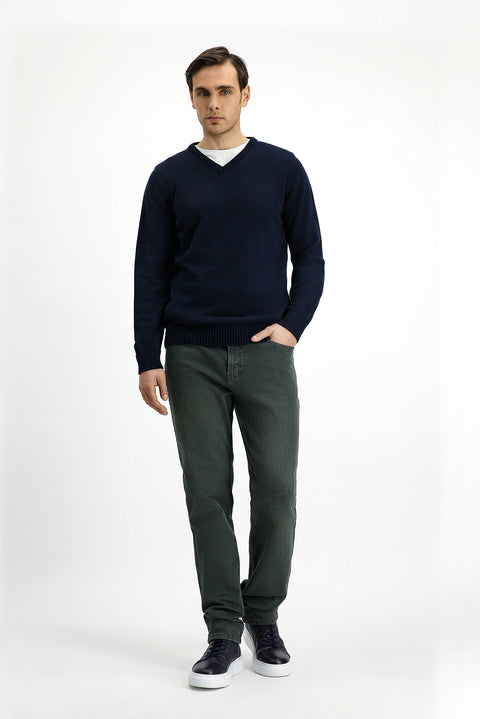 Dark Navy V-Neck Regular Fit Knitted Sweater