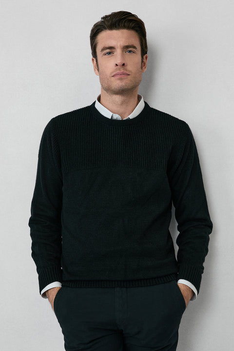 Black Crew Neck Regular Fit Patterned Knit Sweater