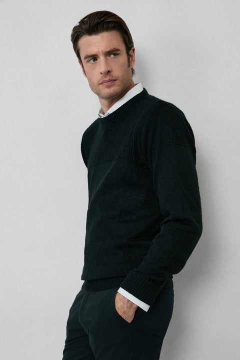Black Crew Neck Regular Fit Patterned Knit Sweater